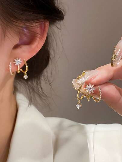 Gold Star Zircon 3-Row Hoop Earrings main product photo - Earrings at ShopKaar
