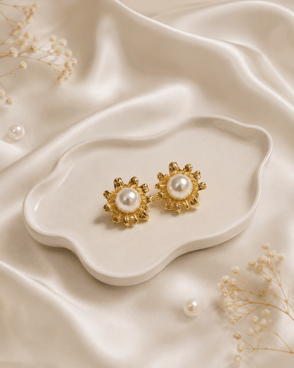 Gold Sunflower Pearl Stud Earrings detail photo 5 - Earrings at ShopKaar