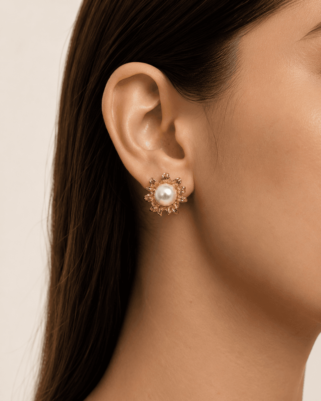 Gold Sunflower Pearl Stud Earrings detail photo 6 - Earrings at ShopKaar