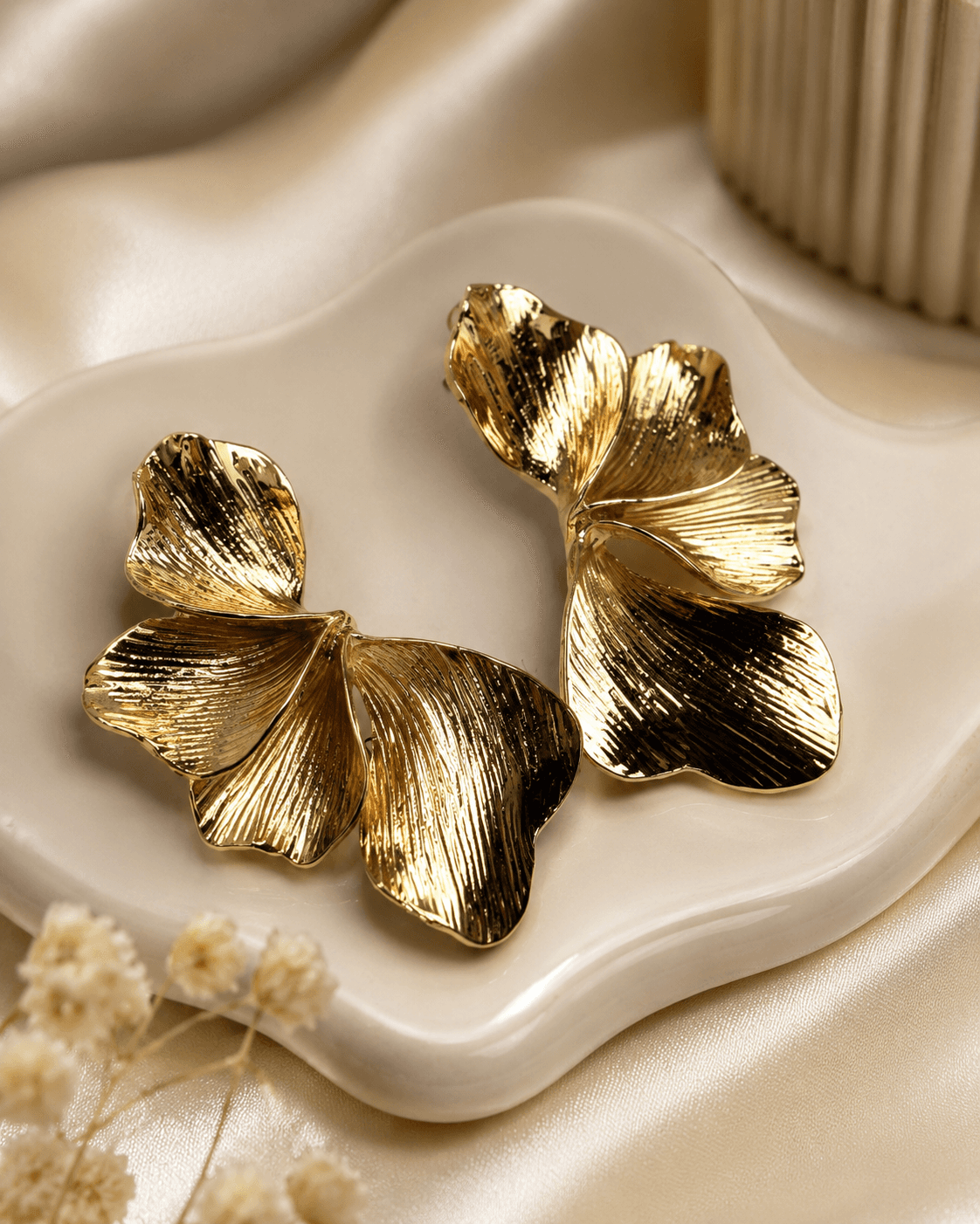 Gold Metallic Leaf Statement Stud Earrings detail photo 3 - Earrings at ShopKaar