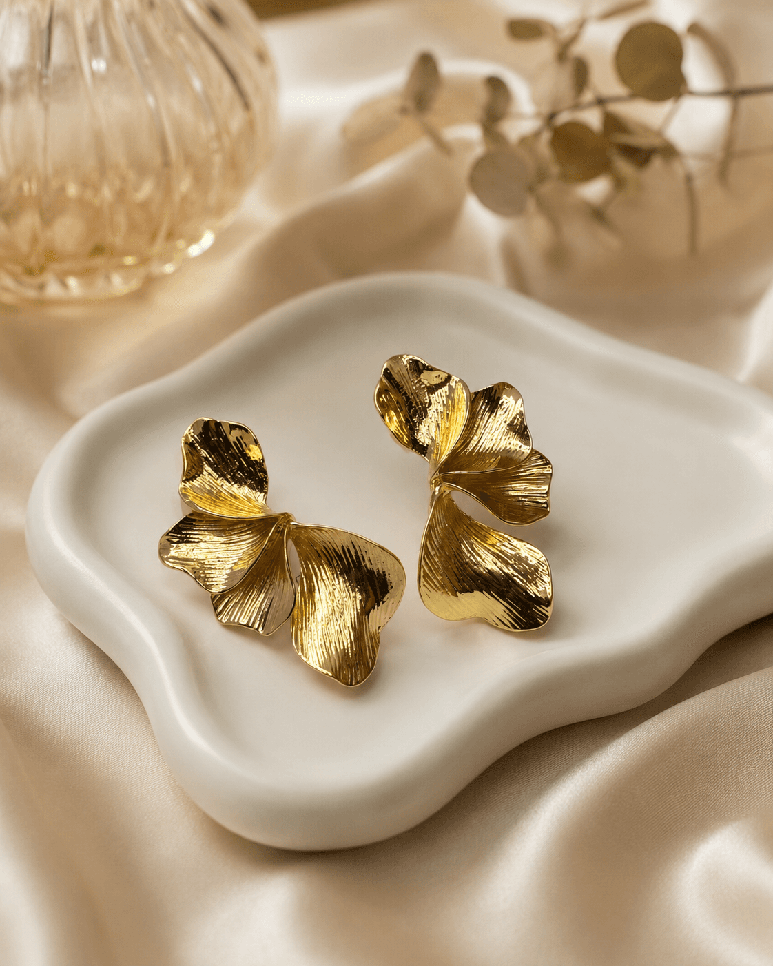 Gold Metallic Leaf Statement Stud Earrings detail photo 4 - Earrings at ShopKaar