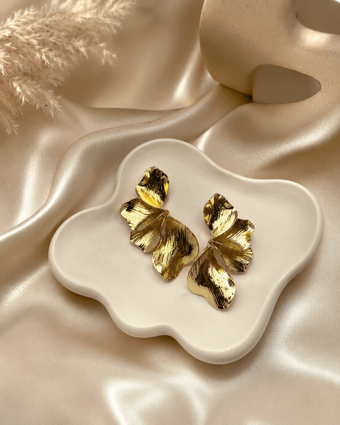 Gold Metallic Leaf Statement Stud Earrings detail photo 5 - Earrings at ShopKaar