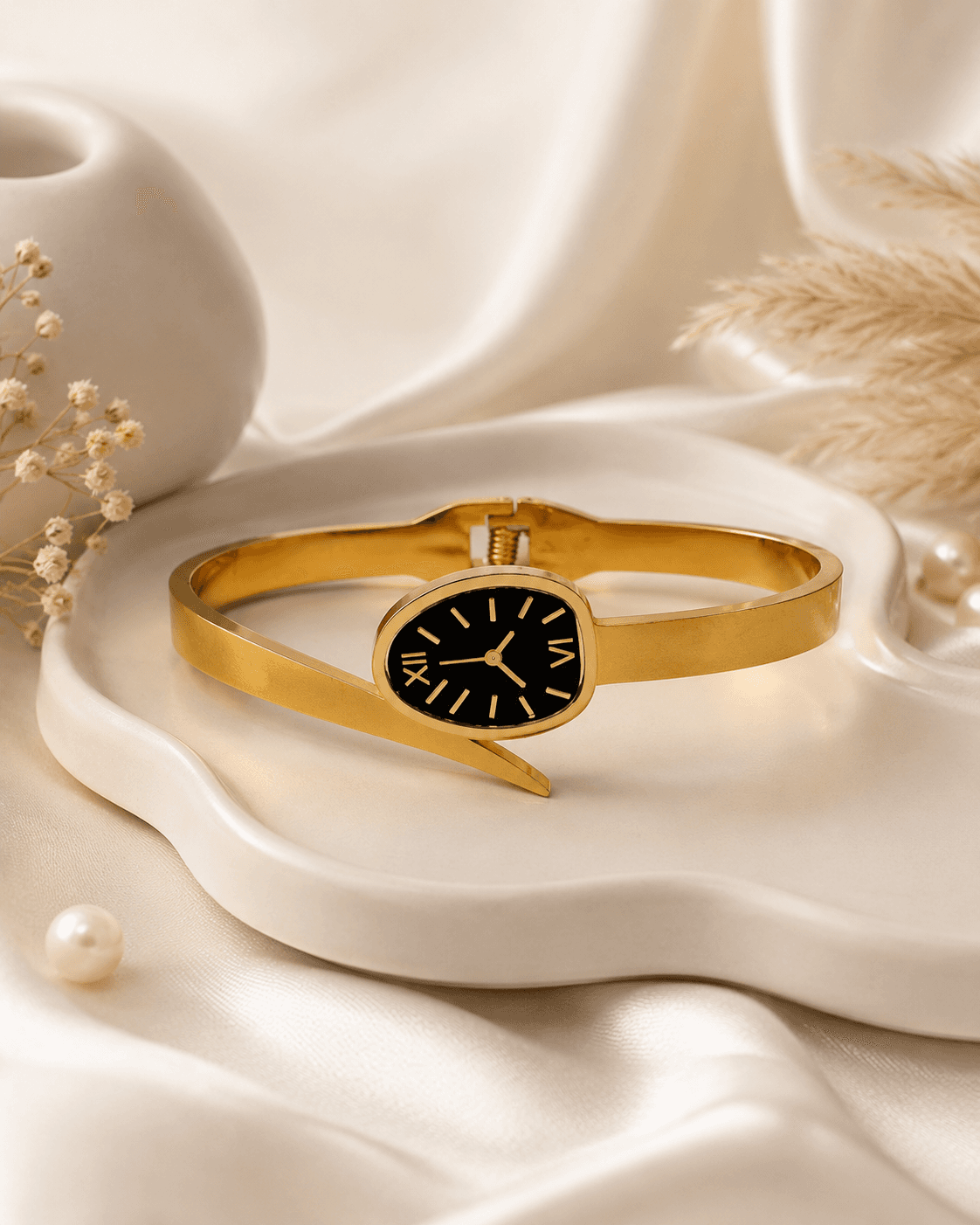 Gold Wrap Bangle Watch with Oval Black Dial main product photo - Bracelets at ShopKaar