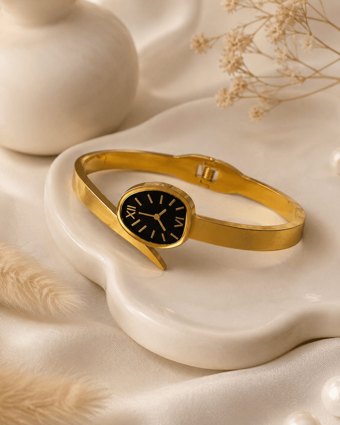 Gold Wrap Bangle Watch with Oval Black Dial detail photo 2 - Bracelets at ShopKaar