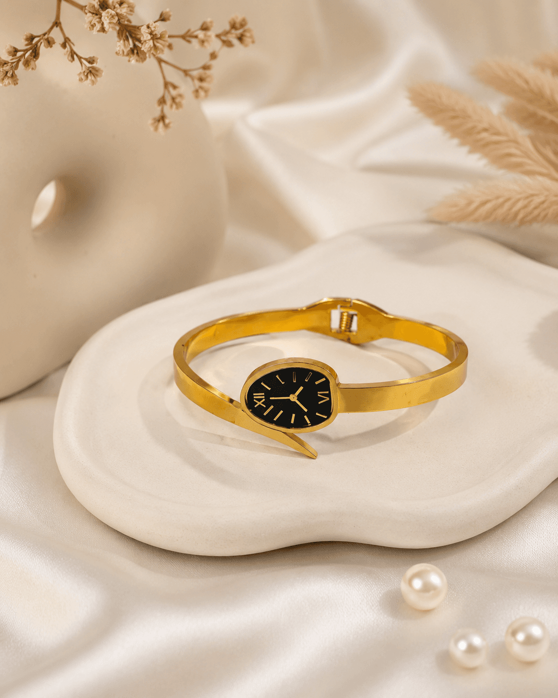 Gold Wrap Bangle Watch with Oval Black Dial detail photo 3 - Bracelets at ShopKaar