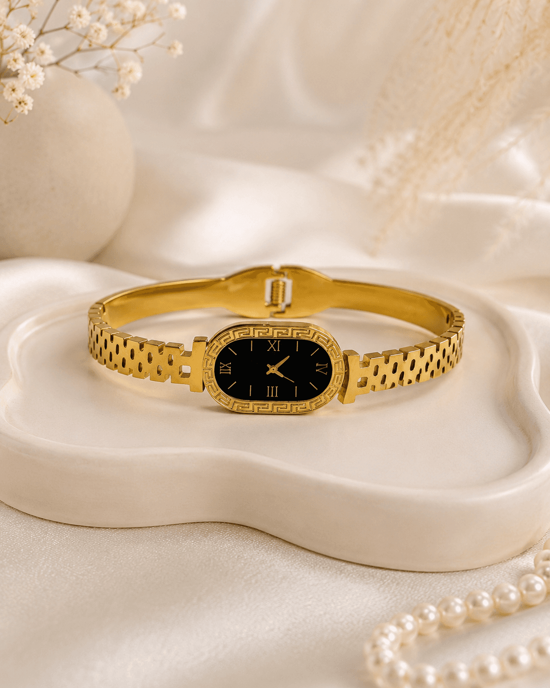 Gold Greek Key Roman Dial Bangle Watch main product photo - Bracelets at ShopKaar