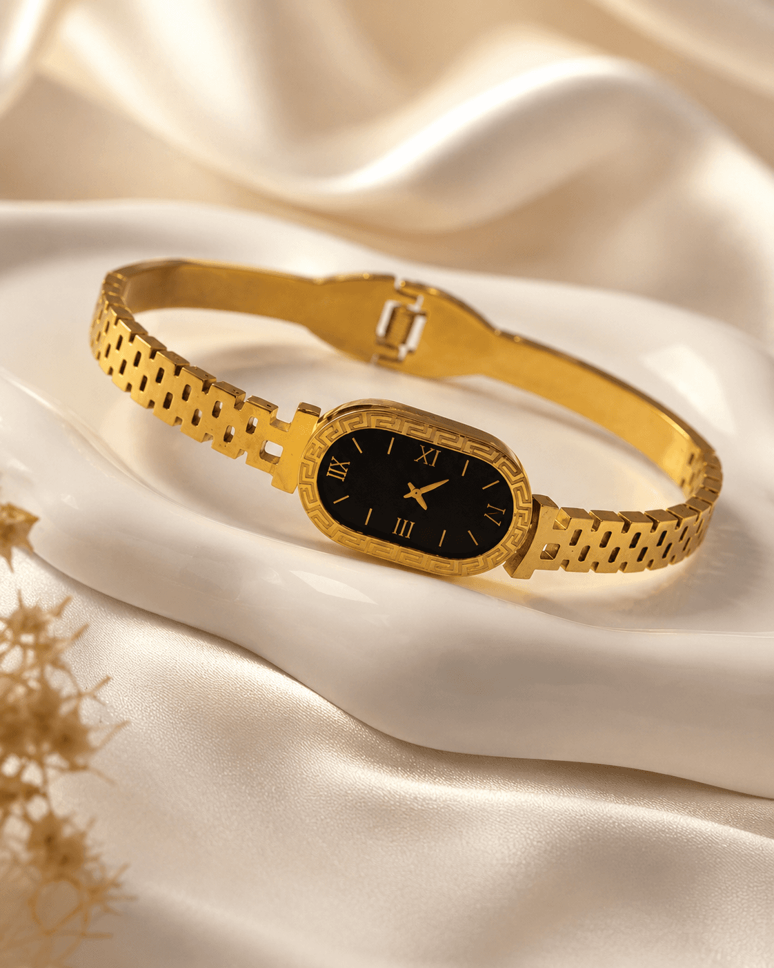 Gold Greek Key Roman Dial Bangle Watch detail photo 2 - Bracelets at ShopKaar