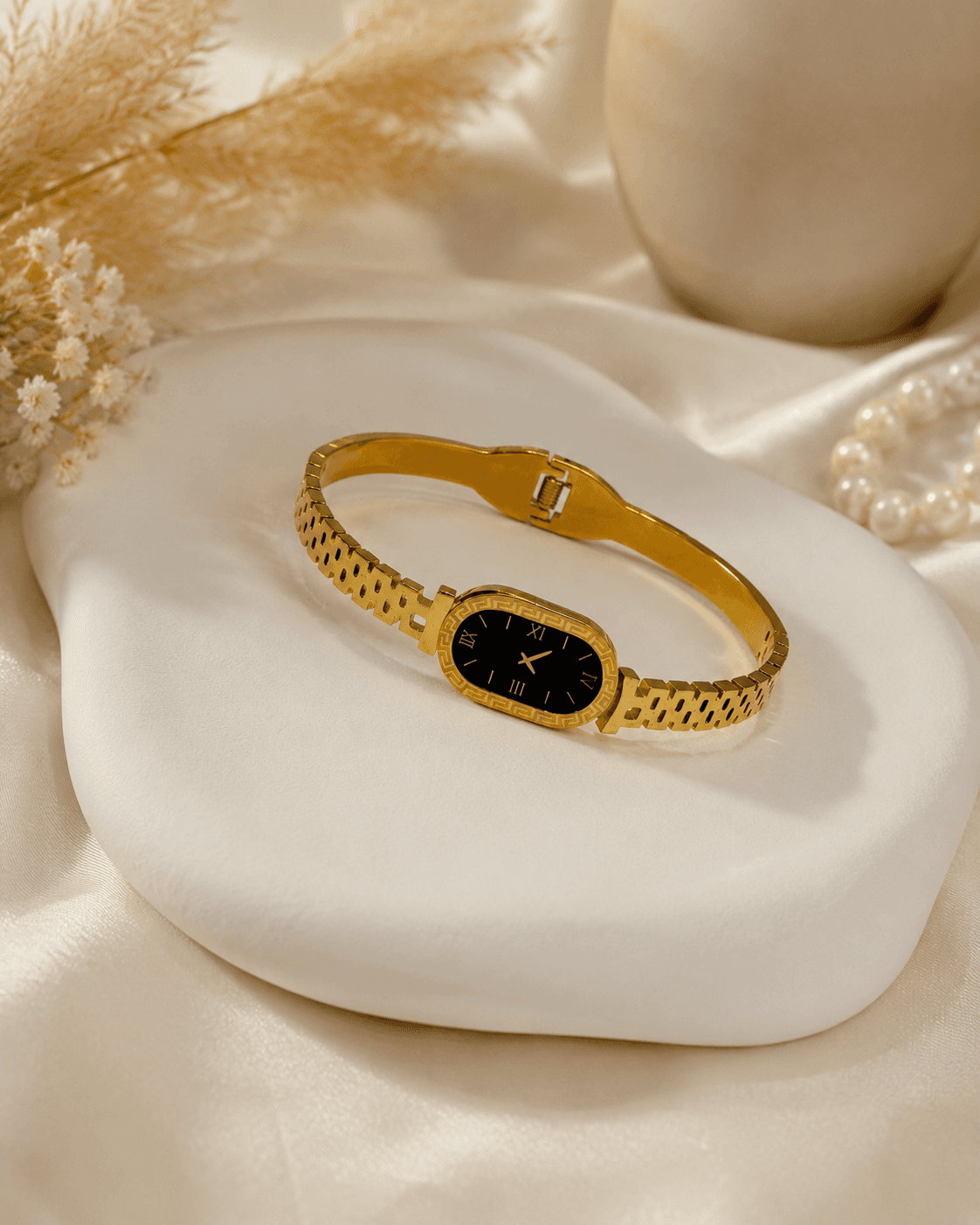 Gold Greek Key Roman Dial Bangle Watch detail photo 3 - Bracelets at ShopKaar
