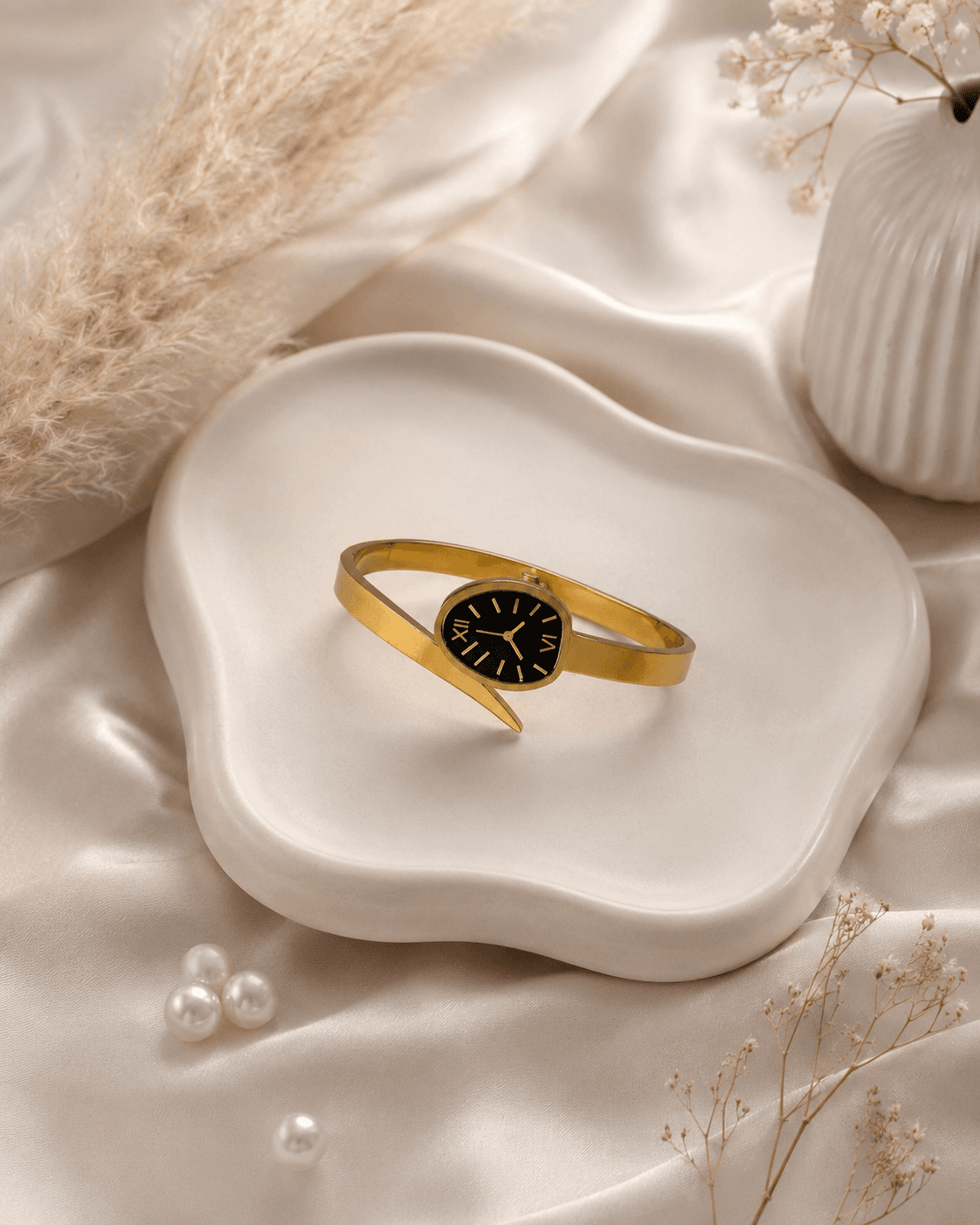 Gold Wrap Bangle Watch with Oval Black Dial detail photo 4 - Bracelets at ShopKaar