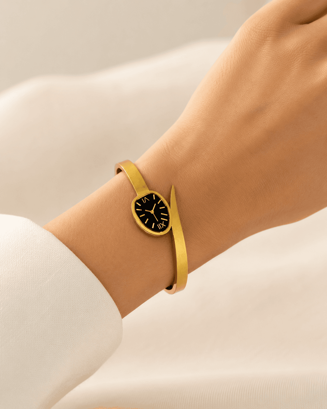 Gold Wrap Bangle Watch with Oval Black Dial detail photo 5 - Bracelets at ShopKaar