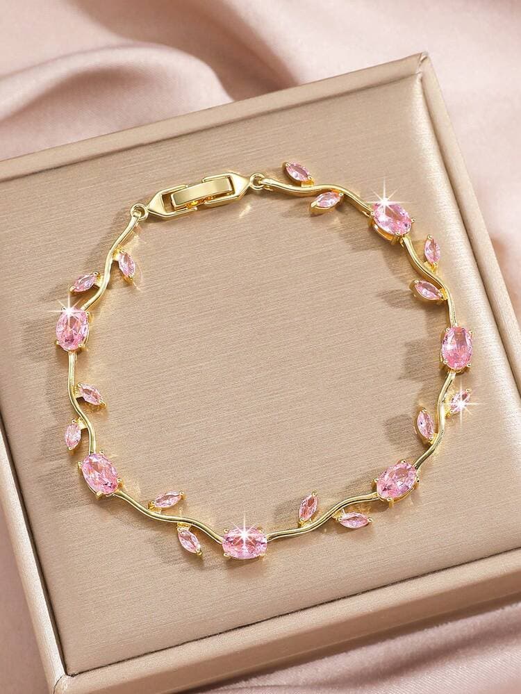 24K Gold Plated Pink Zircon Leaf Bracelet detail photo 4 - Bracelets at ShopKaar