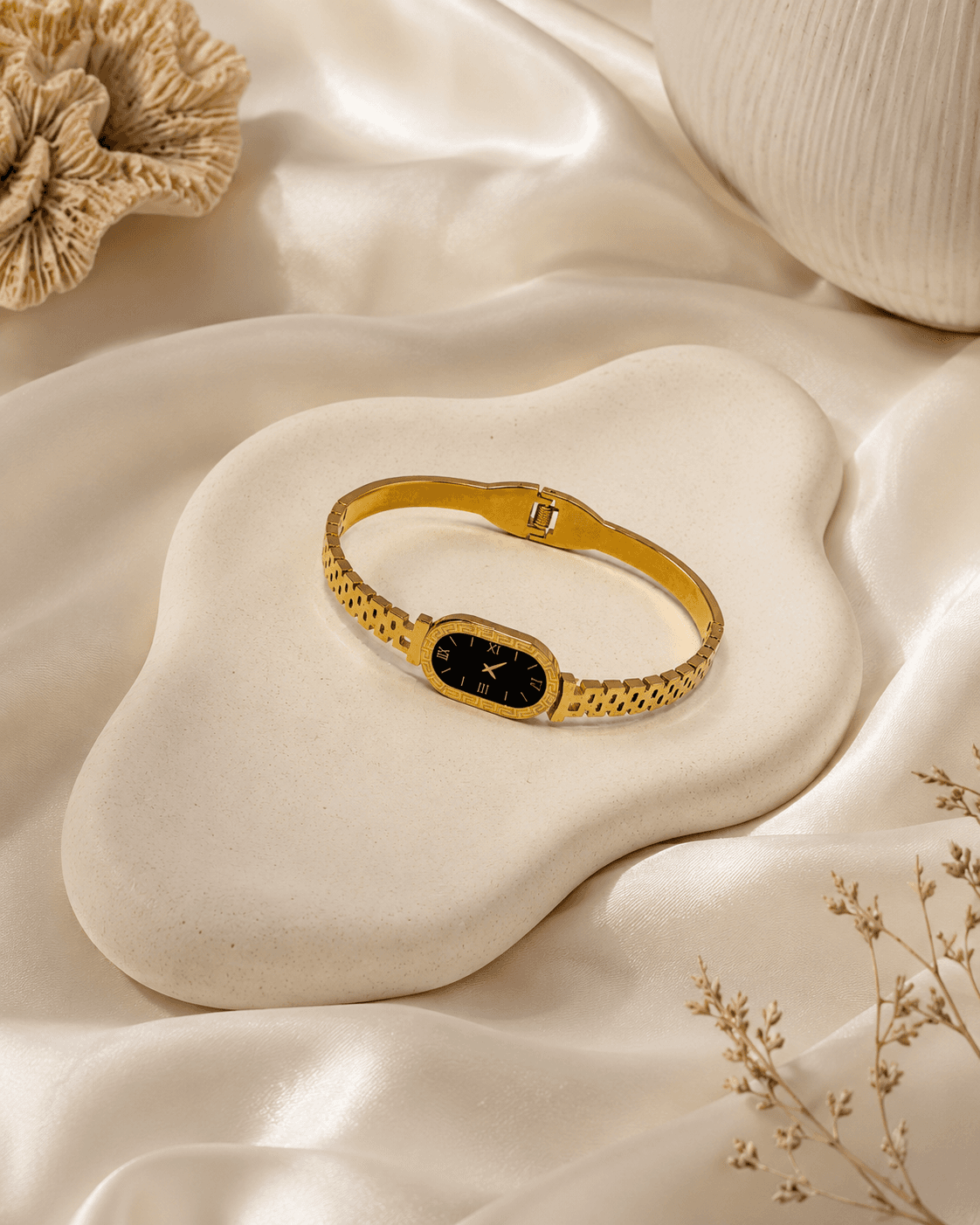 Gold Greek Key Roman Dial Bangle Watch detail photo 4 - Bracelets at ShopKaar