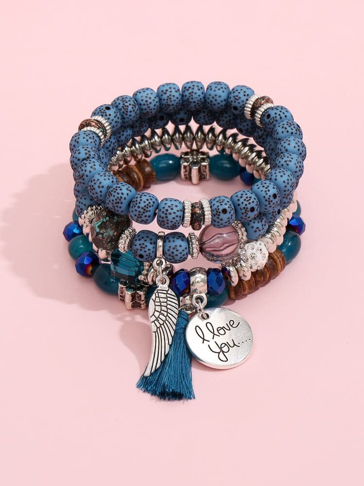Blue Beaded Boho Bracelet Set - 4pcs detail photo 5 - Bracelets at ShopKaar