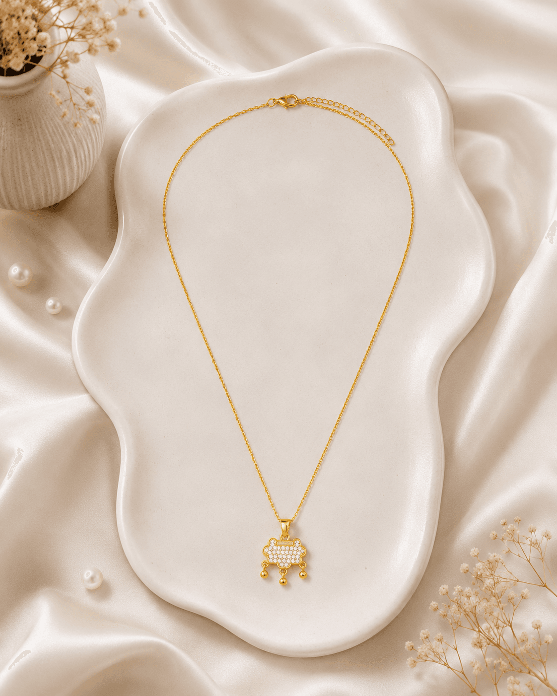 Gold-Tone Dangle Charm Necklace with Clear Accents detail photo 2 - Necklaces at ShopKaar