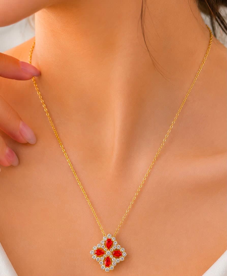 Gold-Tone Red Clover Pendant Necklace main product photo - Necklaces at ShopKaar