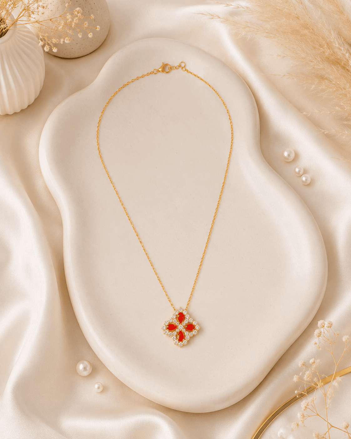 Gold-Tone Red Clover Pendant Necklace detail photo 2 - Necklaces at ShopKaar
