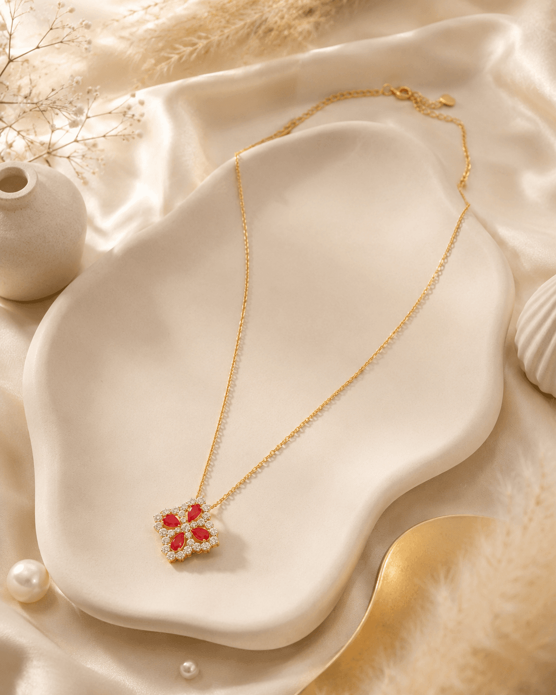 Gold-Tone Red Clover Pendant Necklace detail photo 3 - Necklaces at ShopKaar