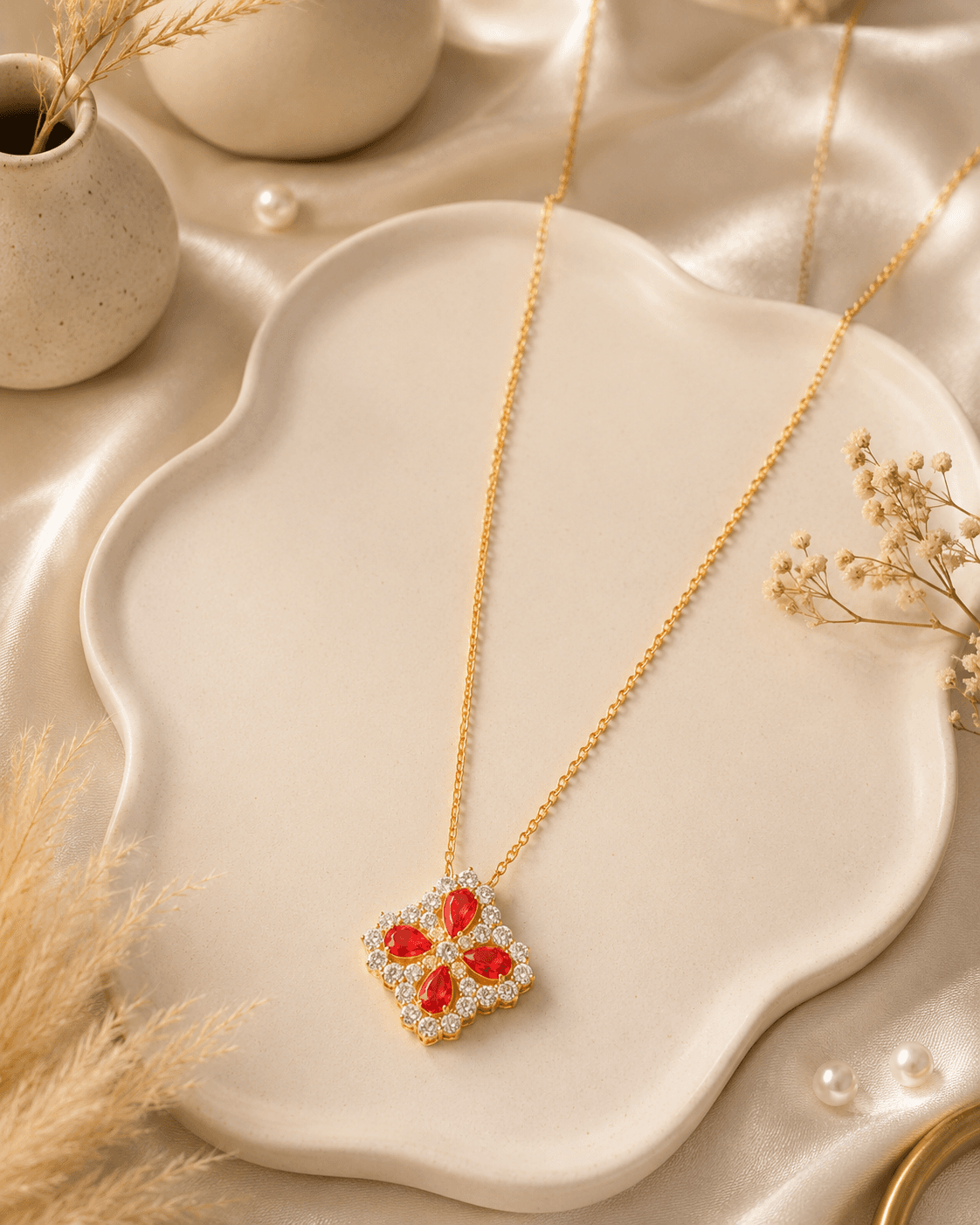 Gold-Tone Red Clover Pendant Necklace detail photo 4 - Necklaces at ShopKaar