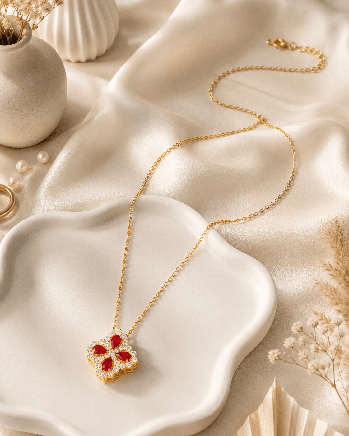 Gold-Tone Red Clover Pendant Necklace detail photo 5 - Necklaces at ShopKaar