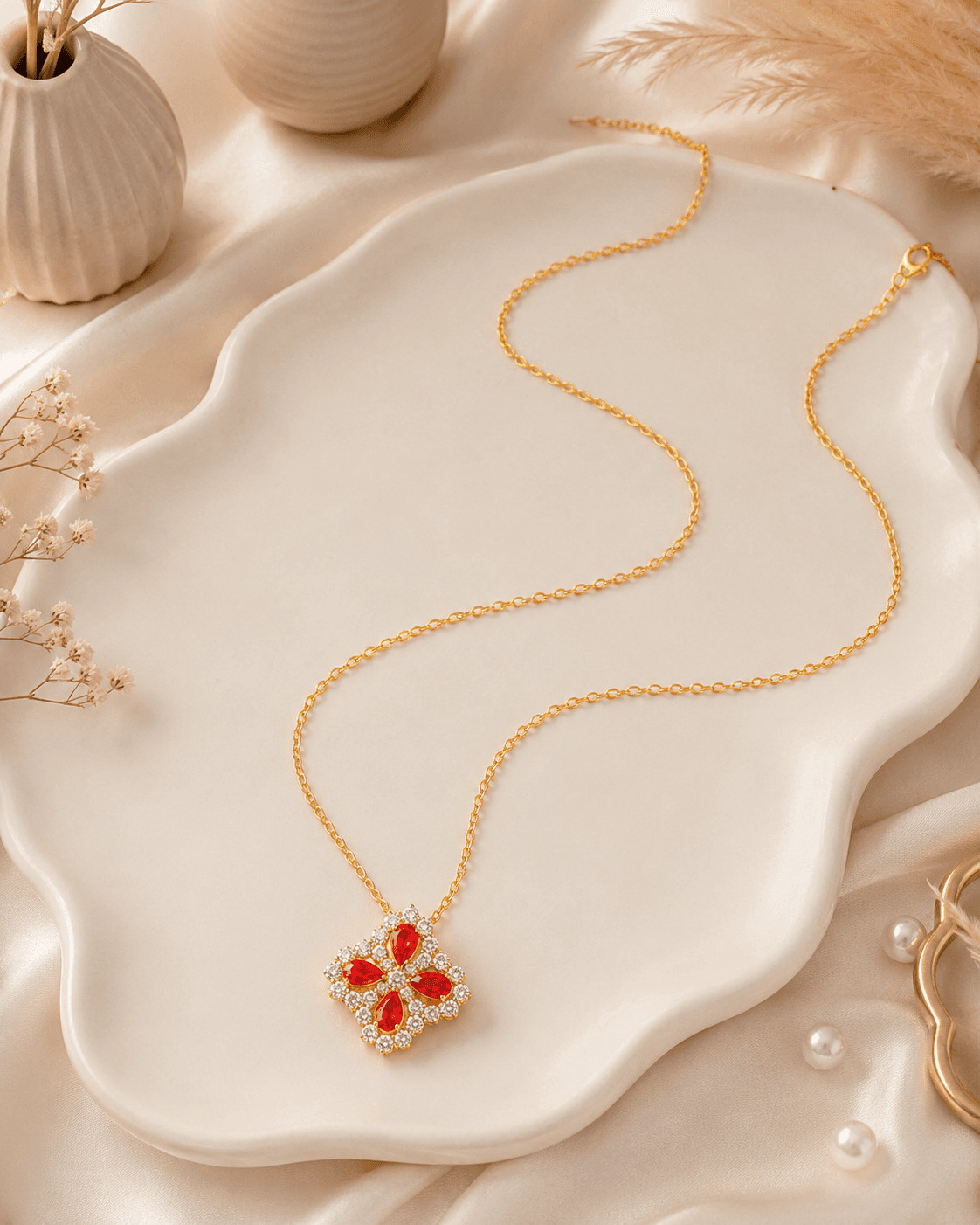 Gold-Tone Red Clover Pendant Necklace detail photo 6 - Necklaces at ShopKaar