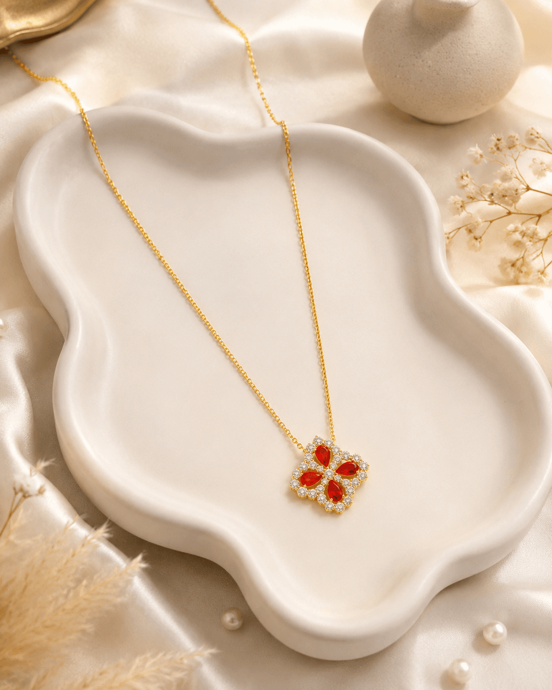 Gold-Tone Red Clover Pendant Necklace detail photo 7 - Necklaces at ShopKaar