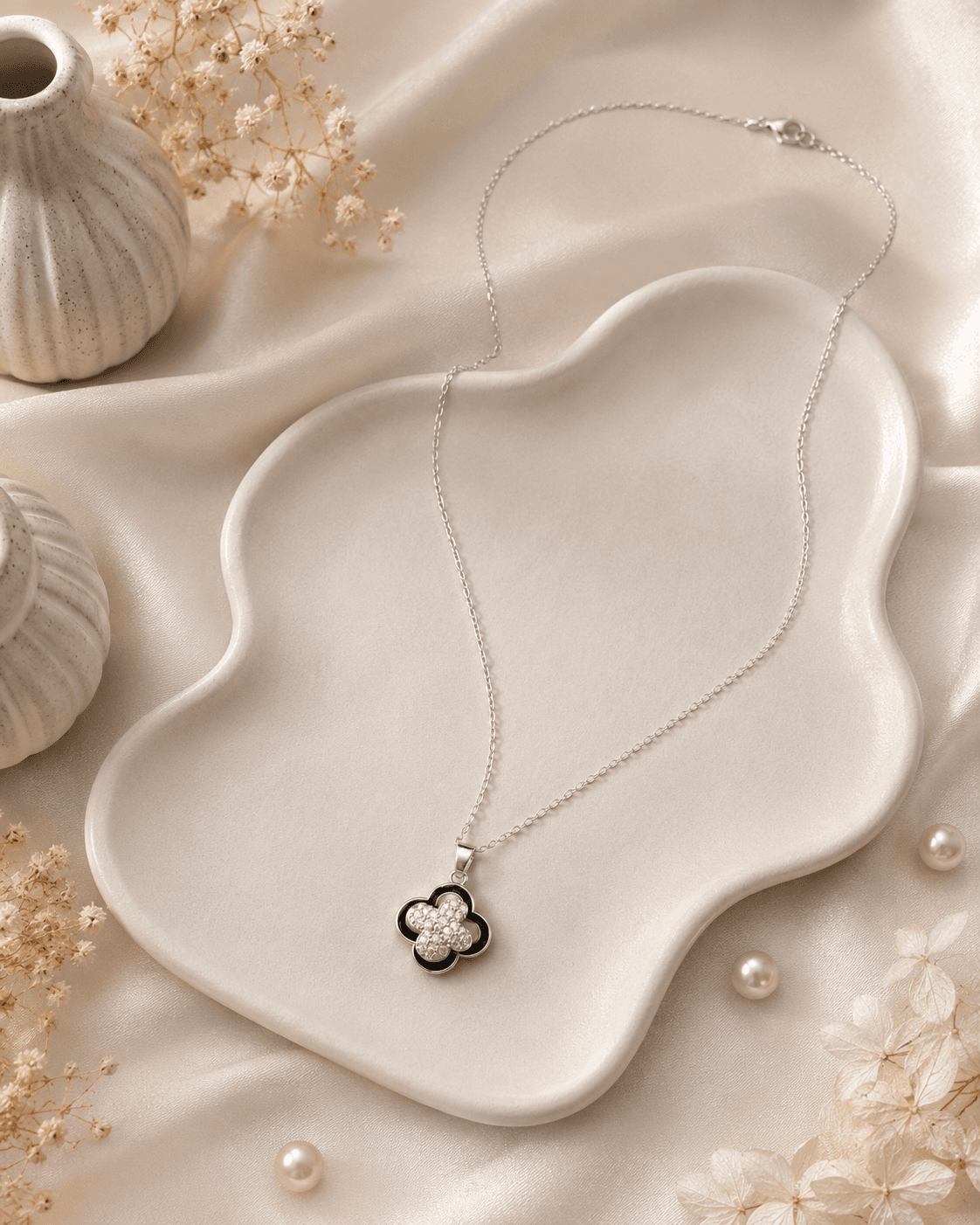 Silver-Tone Black Clover Pendant Necklace detail photo 2 - Necklaces at ShopKaar