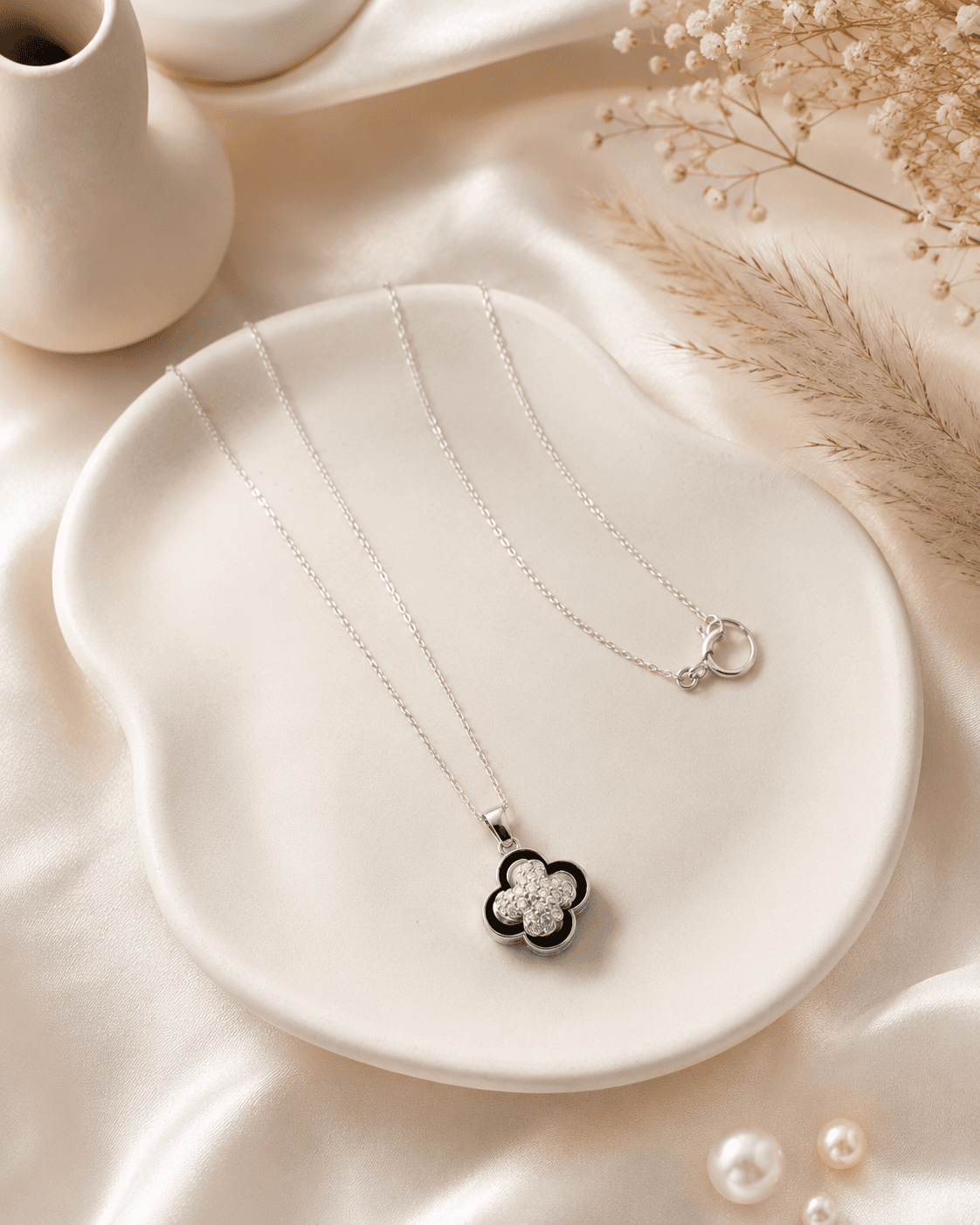 Silver-Tone Black Clover Pendant Necklace detail photo 3 - Necklaces at ShopKaar