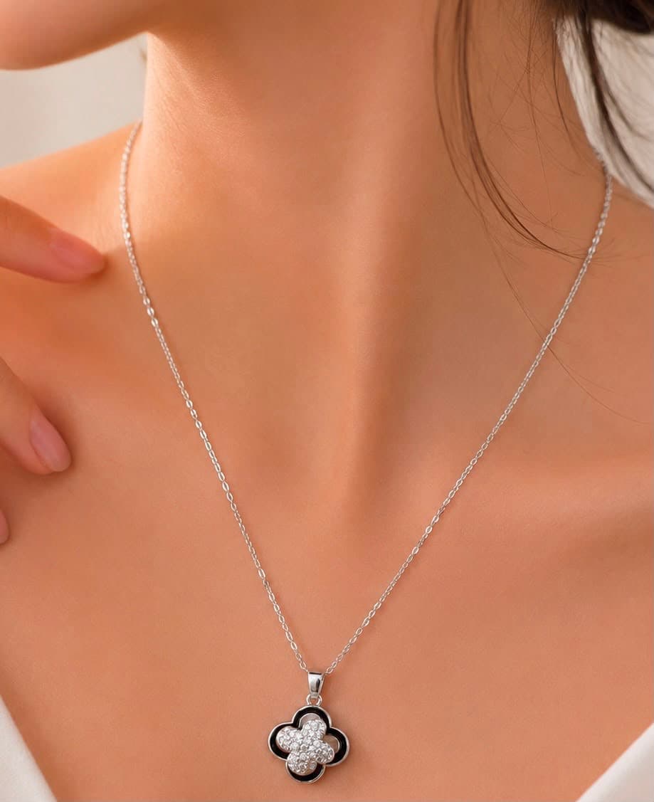Silver-Tone Black Clover Pendant Necklace main product photo - Necklaces at ShopKaar