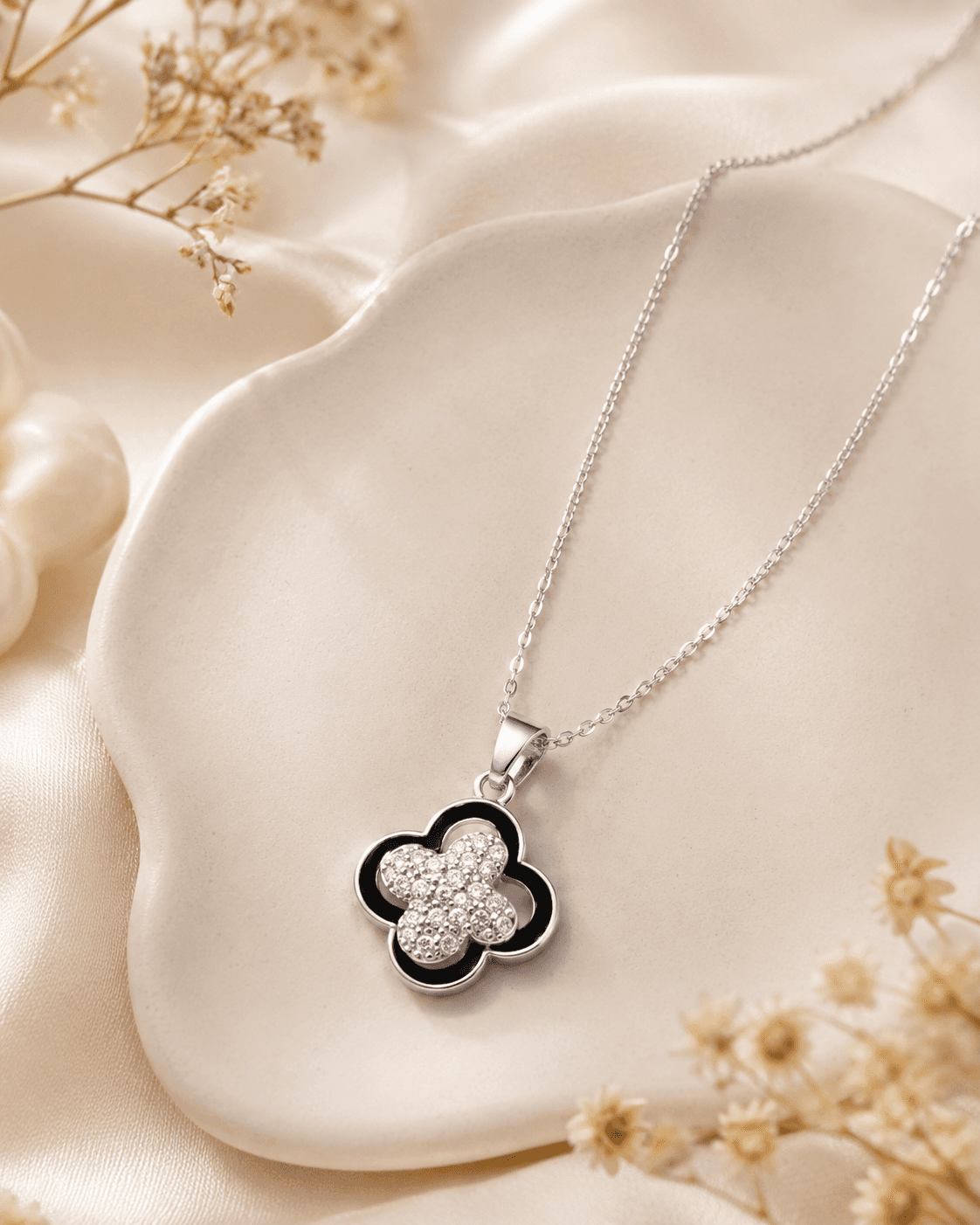 Silver-Tone Black Clover Pendant Necklace detail photo 4 - Necklaces at ShopKaar