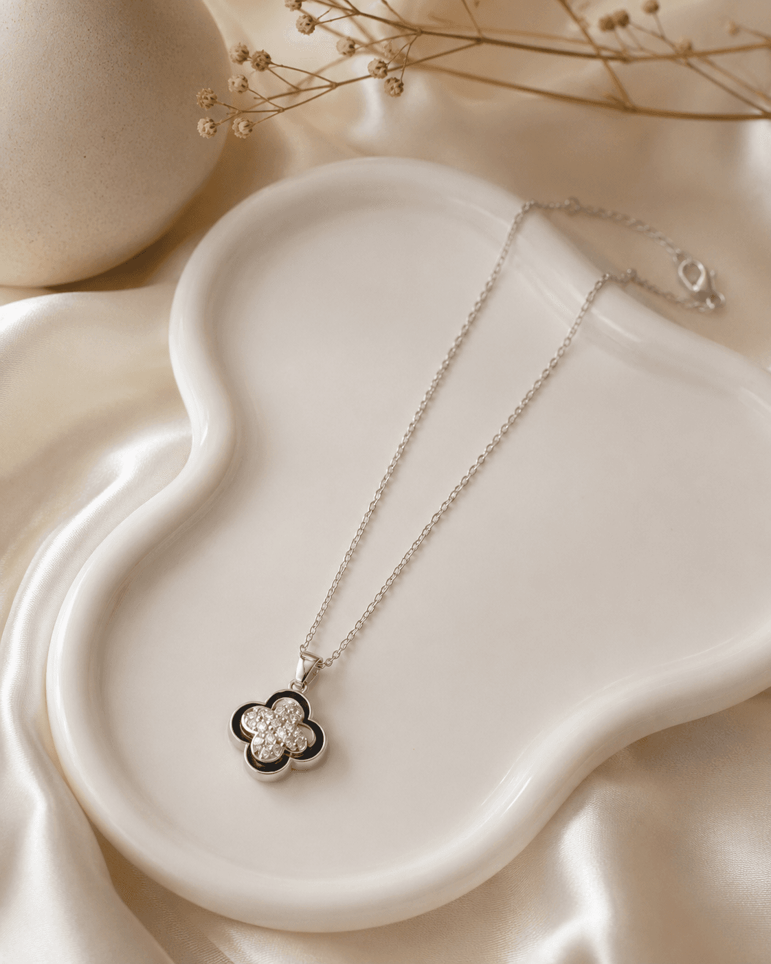 Silver-Tone Black Clover Pendant Necklace detail photo 5 - Necklaces at ShopKaar
