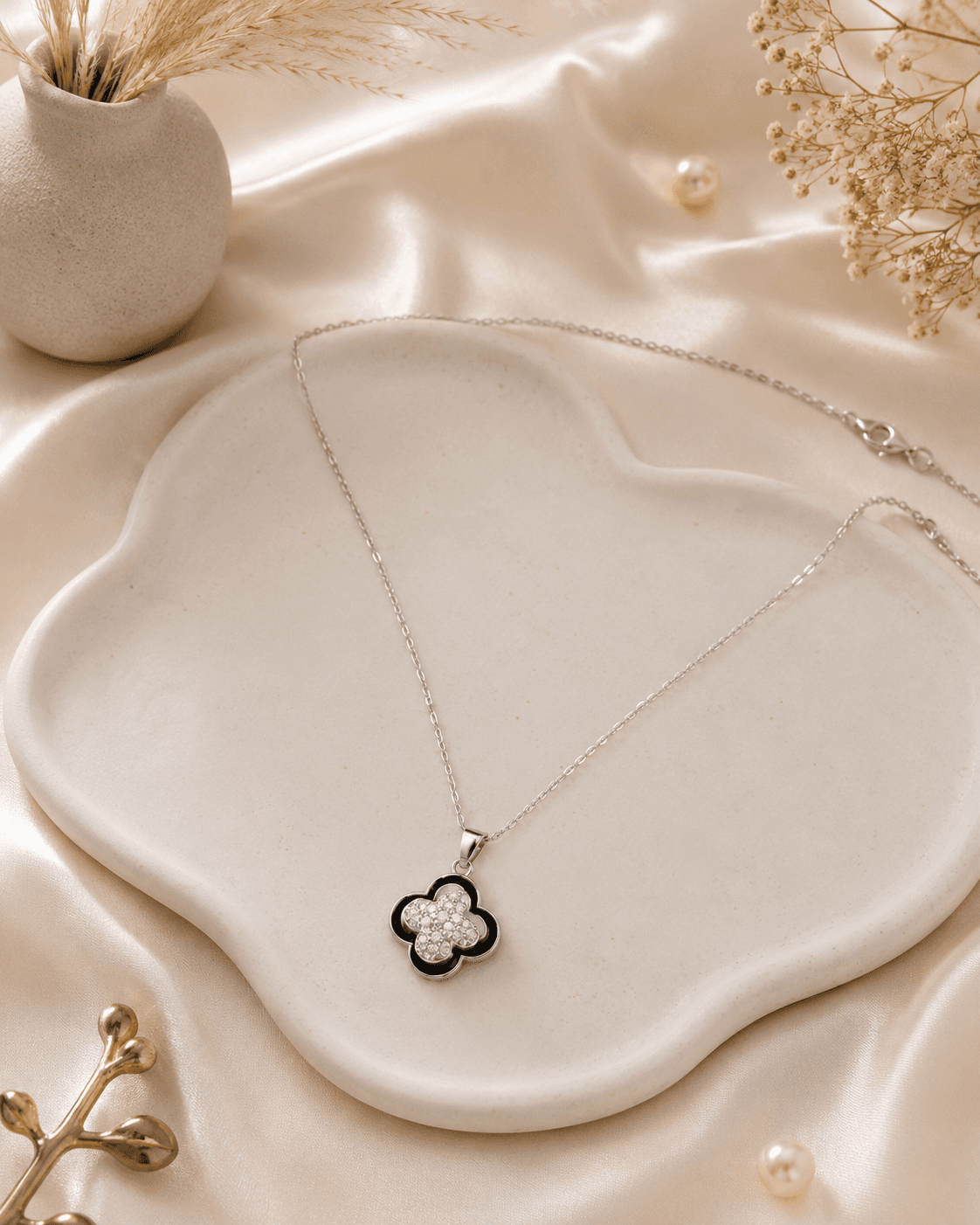 Silver-Tone Black Clover Pendant Necklace detail photo 7 - Necklaces at ShopKaar
