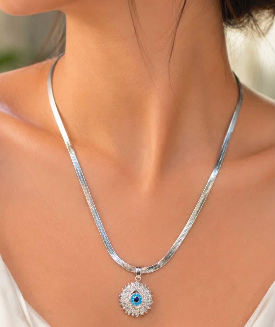 Silver-Tone Blue Evil Eye Pendant Necklace main product photo - Necklaces at ShopKaar