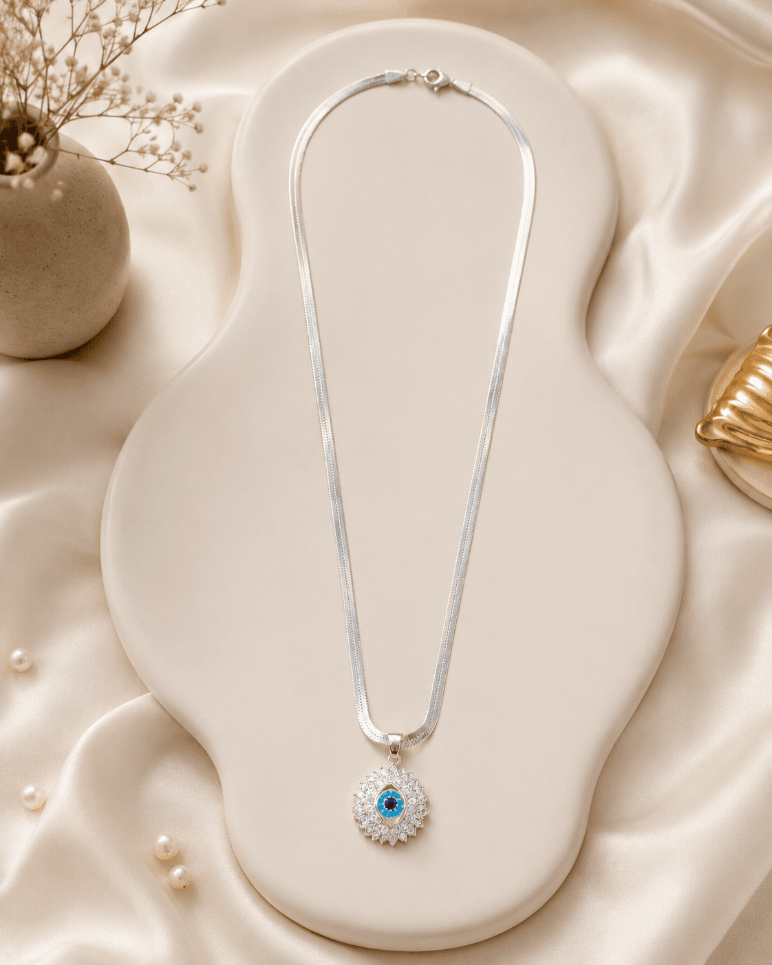 Silver-Tone Blue Evil Eye Pendant Necklace detail photo 2 - Necklaces at ShopKaar