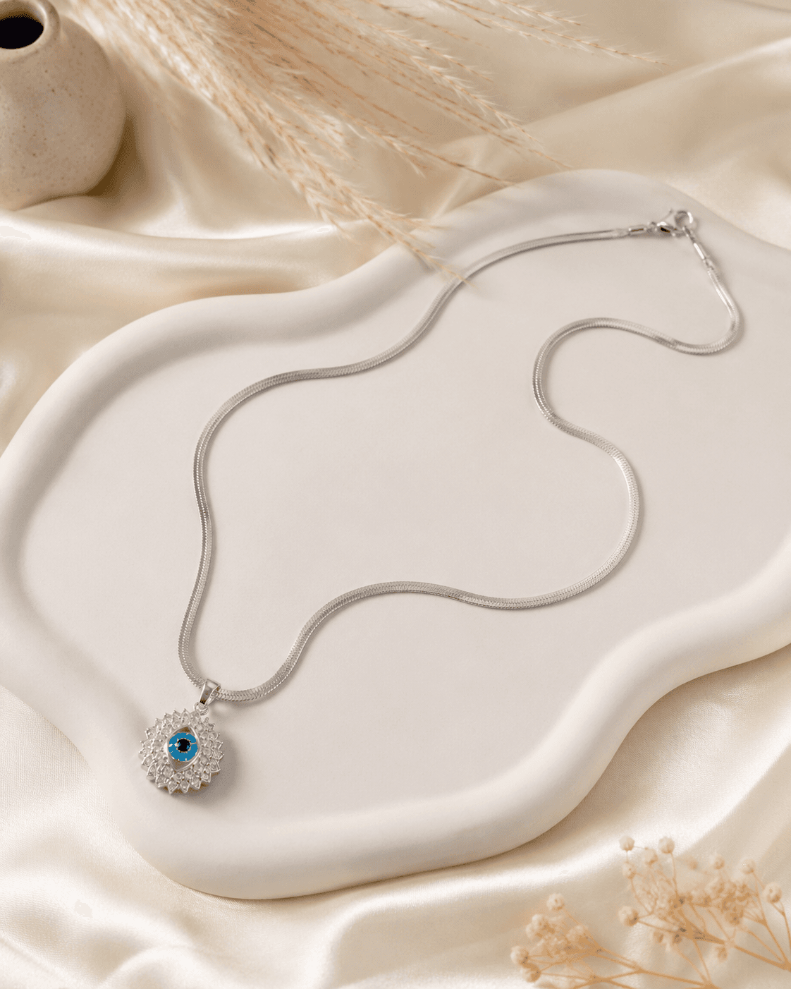 Silver-Tone Blue Evil Eye Pendant Necklace detail photo 3 - Necklaces at ShopKaar