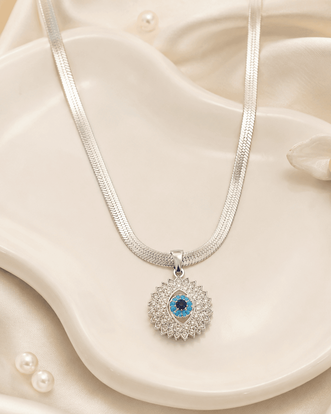 Silver-Tone Blue Evil Eye Pendant Necklace detail photo 4 - Necklaces at ShopKaar