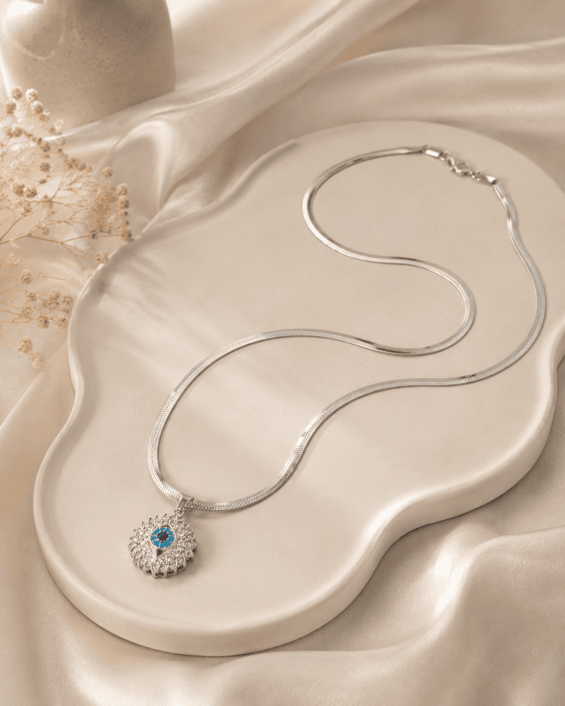 Silver-Tone Blue Evil Eye Pendant Necklace detail photo 5 - Necklaces at ShopKaar