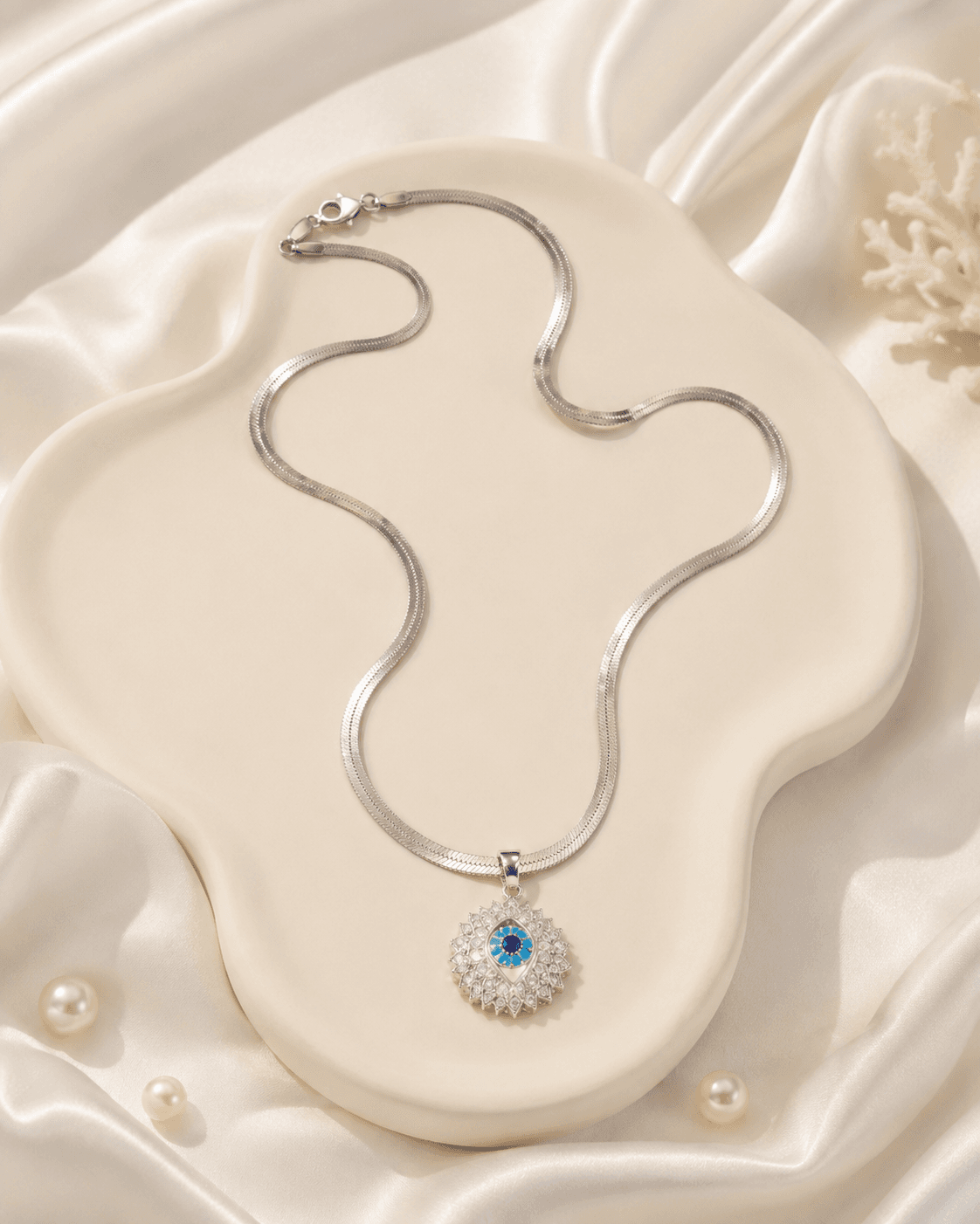 Silver-Tone Blue Evil Eye Pendant Necklace detail photo 6 - Necklaces at ShopKaar