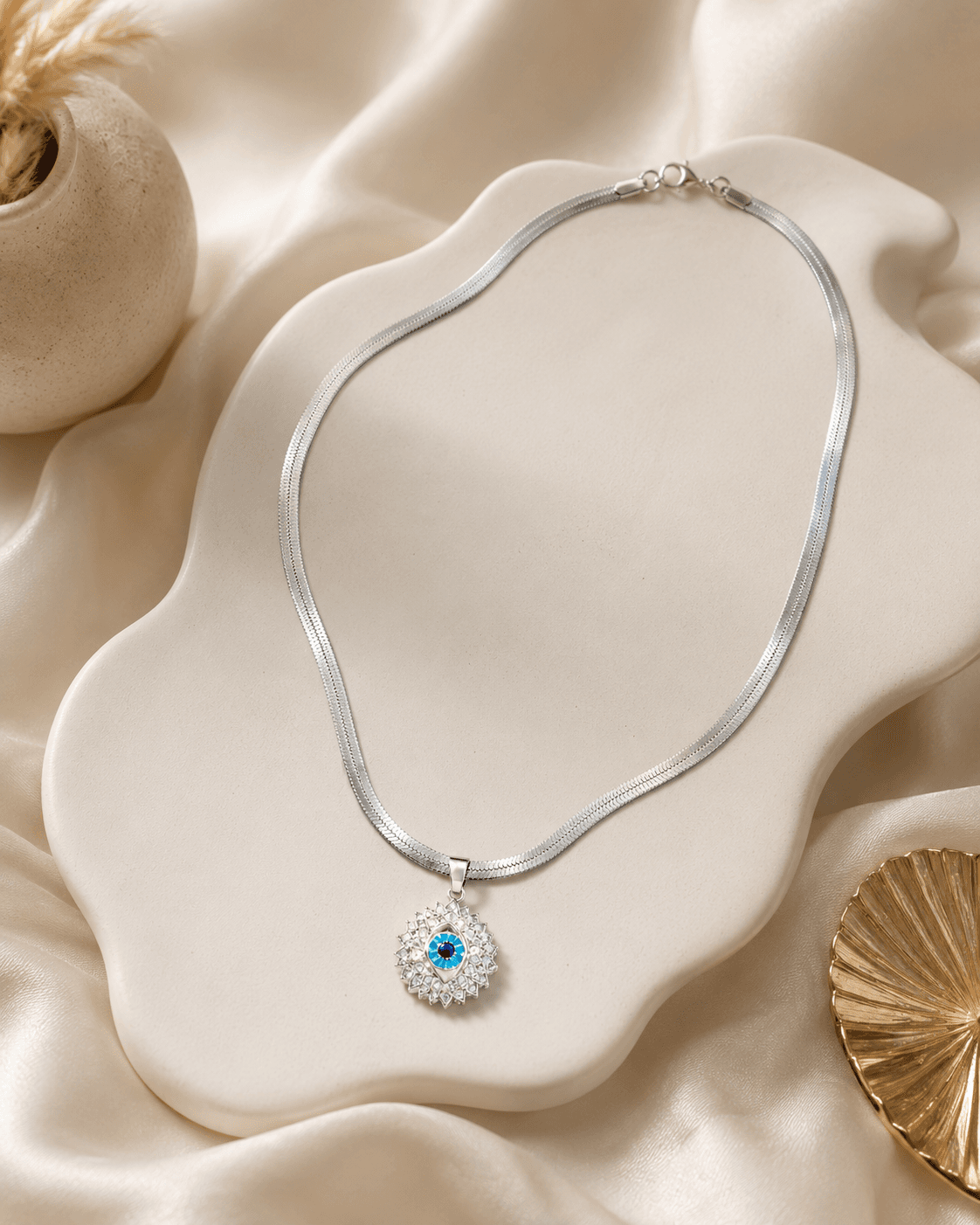 Silver-Tone Blue Evil Eye Pendant Necklace detail photo 7 - Necklaces at ShopKaar
