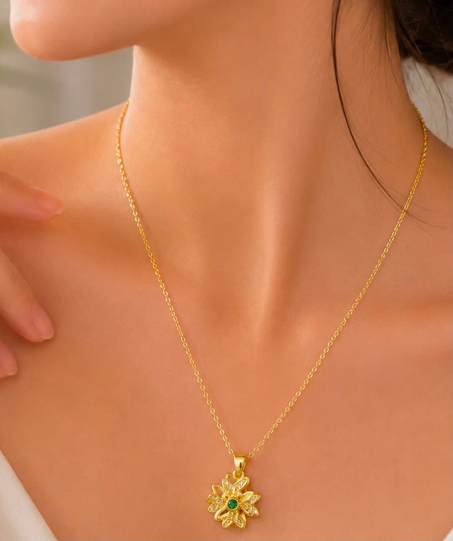 Gold-Tone Green Floral Pendant Necklace main product photo - Necklaces at ShopKaar