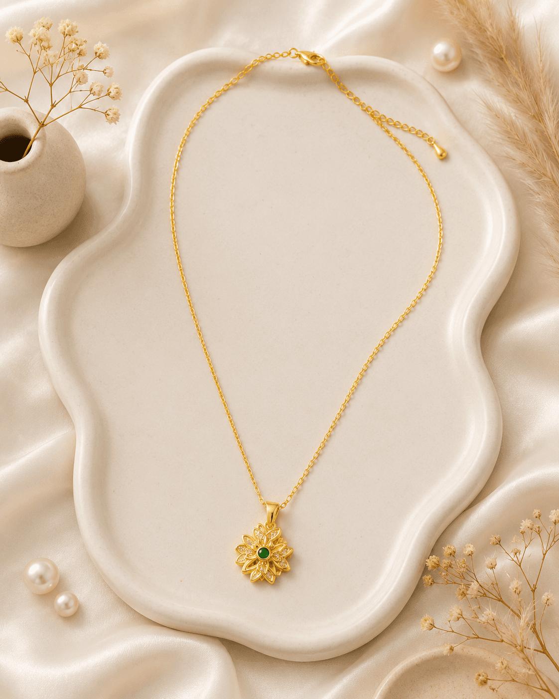 Gold-Tone Green Floral Pendant Necklace detail photo 2 - Necklaces at ShopKaar