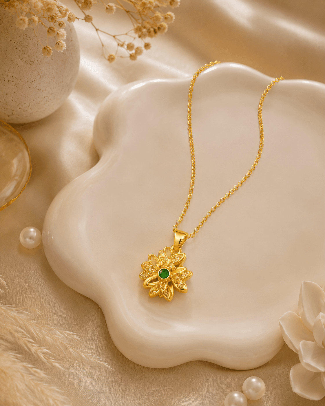 Gold-Tone Green Floral Pendant Necklace detail photo 3 - Necklaces at ShopKaar