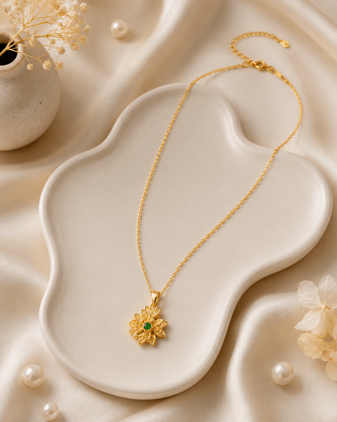 Gold-Tone Green Floral Pendant Necklace detail photo 6 - Necklaces at ShopKaar