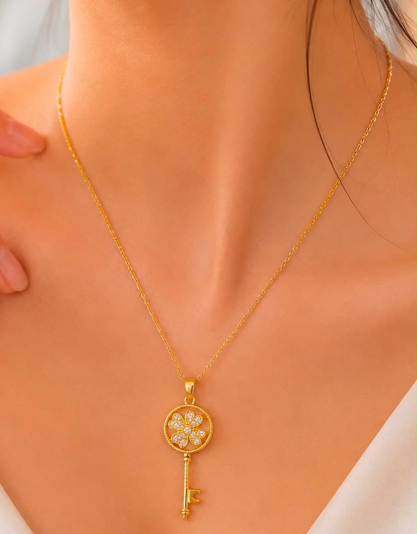Gold-Tone Clear-Accent Flower Key Pendant Necklace main product photo - Necklaces at ShopKaar