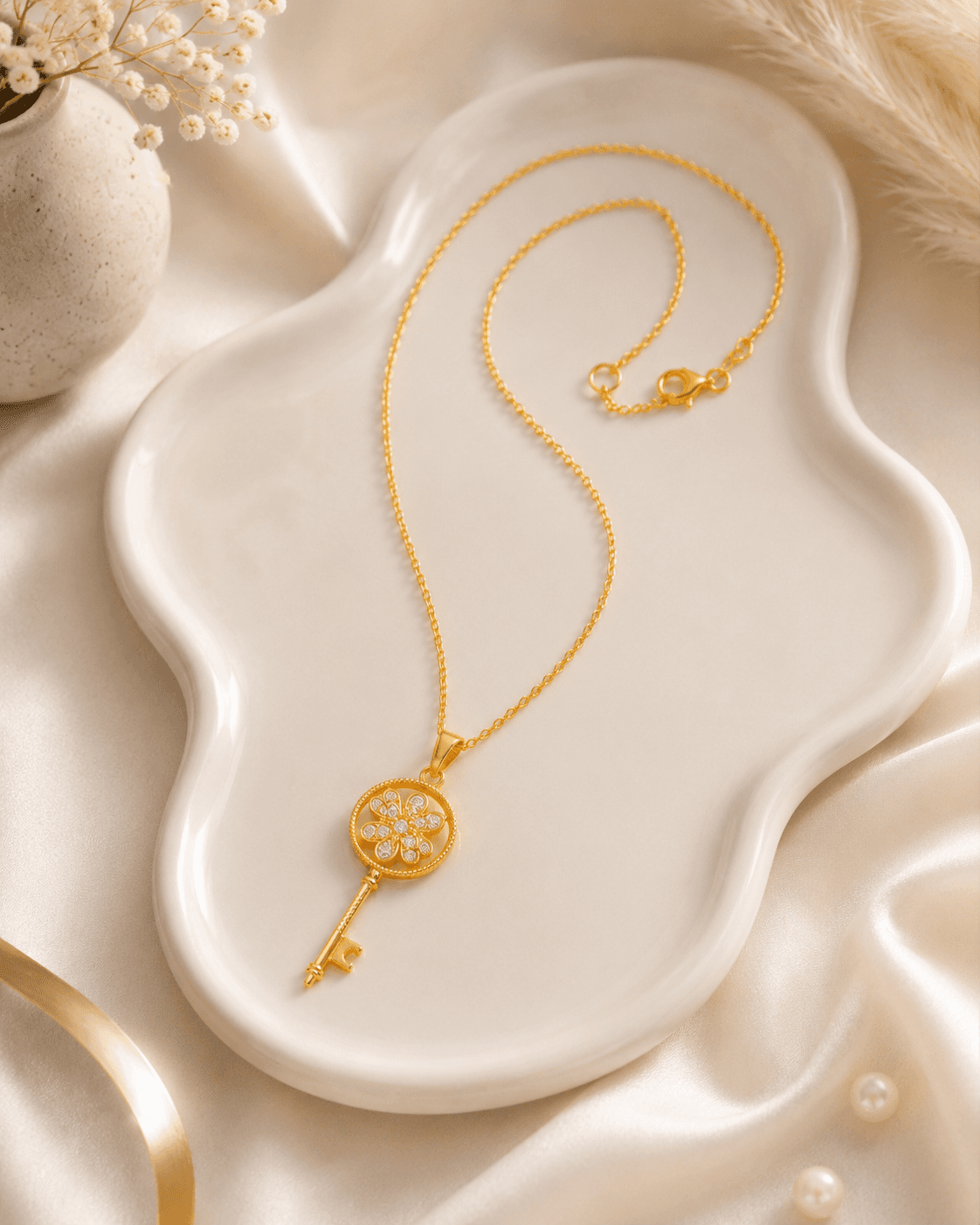Gold-Tone Clear-Accent Flower Key Pendant Necklace detail photo 3 - Necklaces at ShopKaar