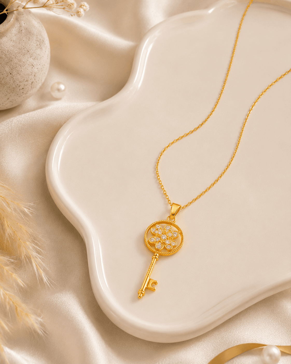 Gold-Tone Clear-Accent Flower Key Pendant Necklace detail photo 4 - Necklaces at ShopKaar