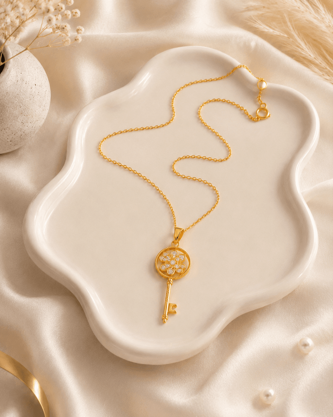 Gold-Tone Clear-Accent Flower Key Pendant Necklace detail photo 6 - Necklaces at ShopKaar