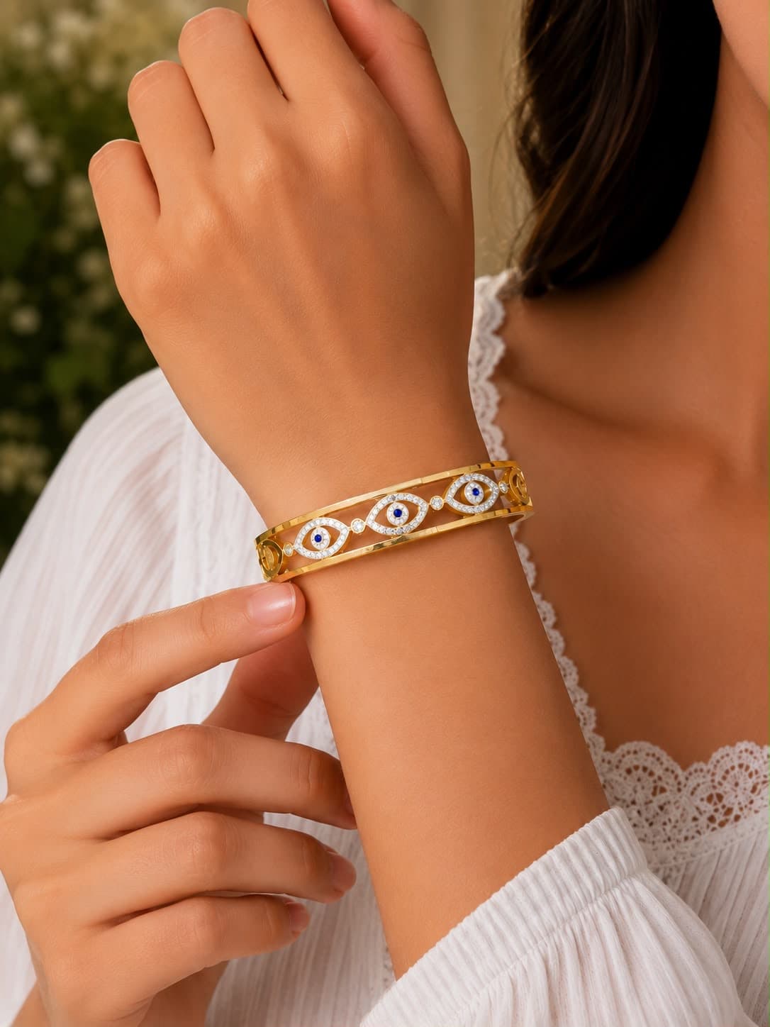 Gold-Tone Blue Evil Eye Clear-Accent Bangle main product photo - Bracelets at ShopKaar