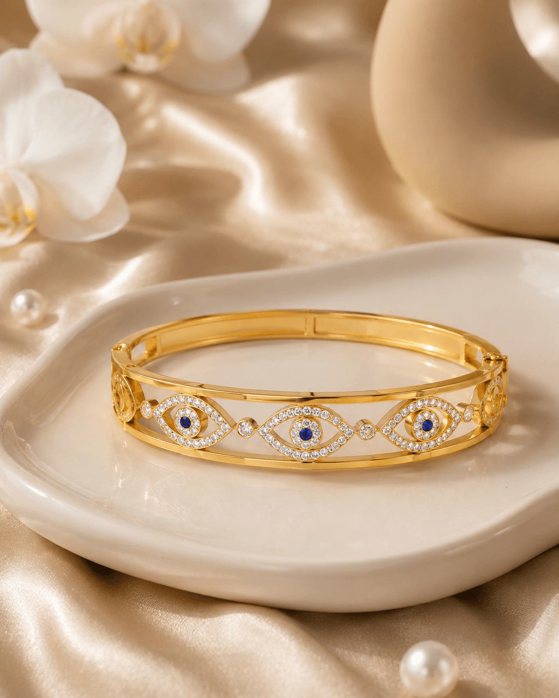 Gold-Tone Blue Evil Eye Clear-Accent Bangle detail photo 2 - Bracelets at ShopKaar
