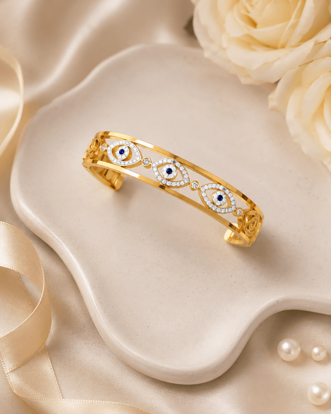 Gold-Tone Blue Evil Eye Clear-Accent Bangle detail photo 3 - Bracelets at ShopKaar