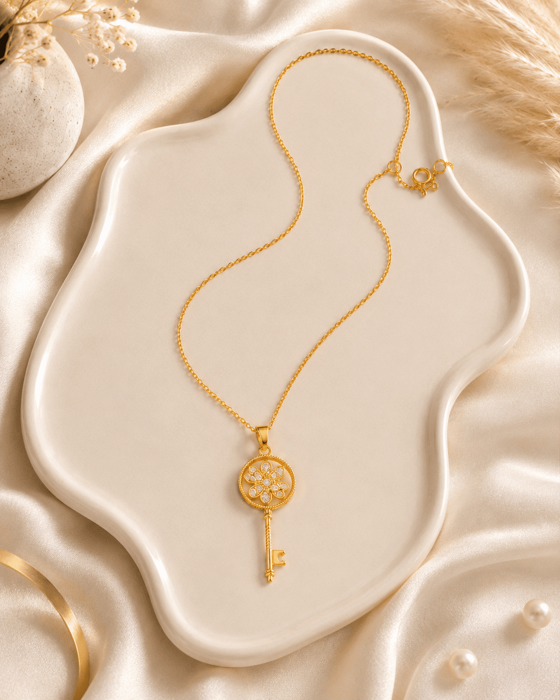 Gold-Tone Clear-Accent Flower Key Pendant Necklace detail photo 7 - Necklaces at ShopKaar